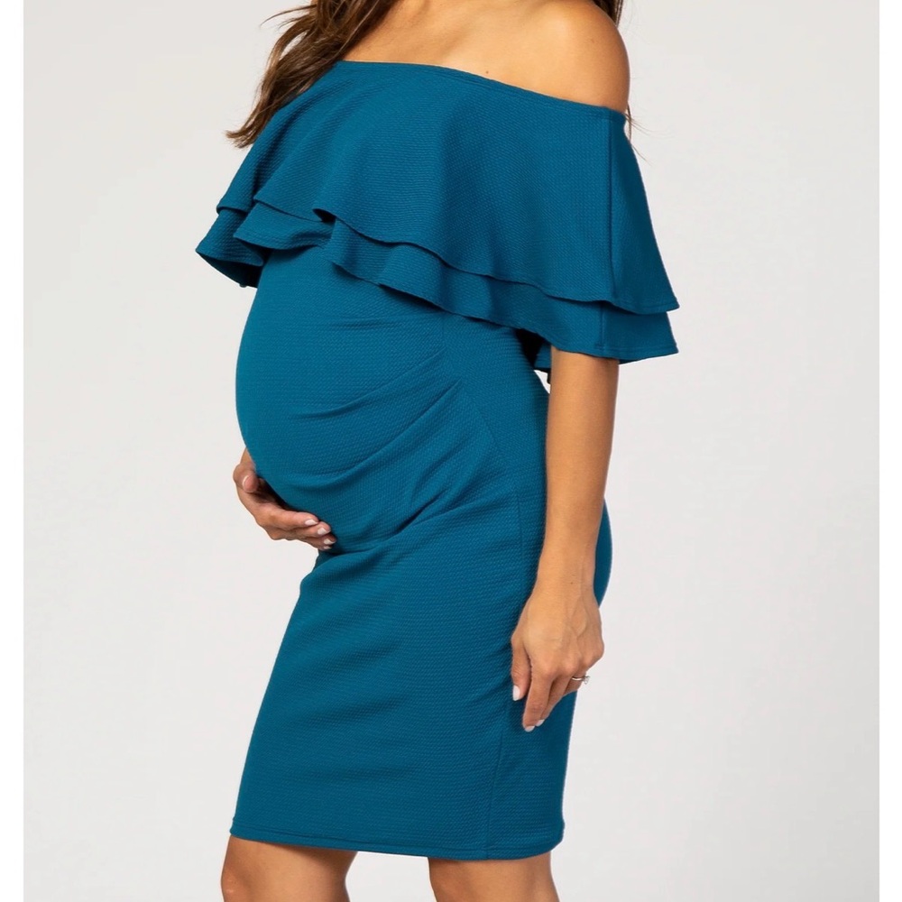 PINK BLUSH MATERNITY Elegant Off-Shoulder Maternity Dress in Teal